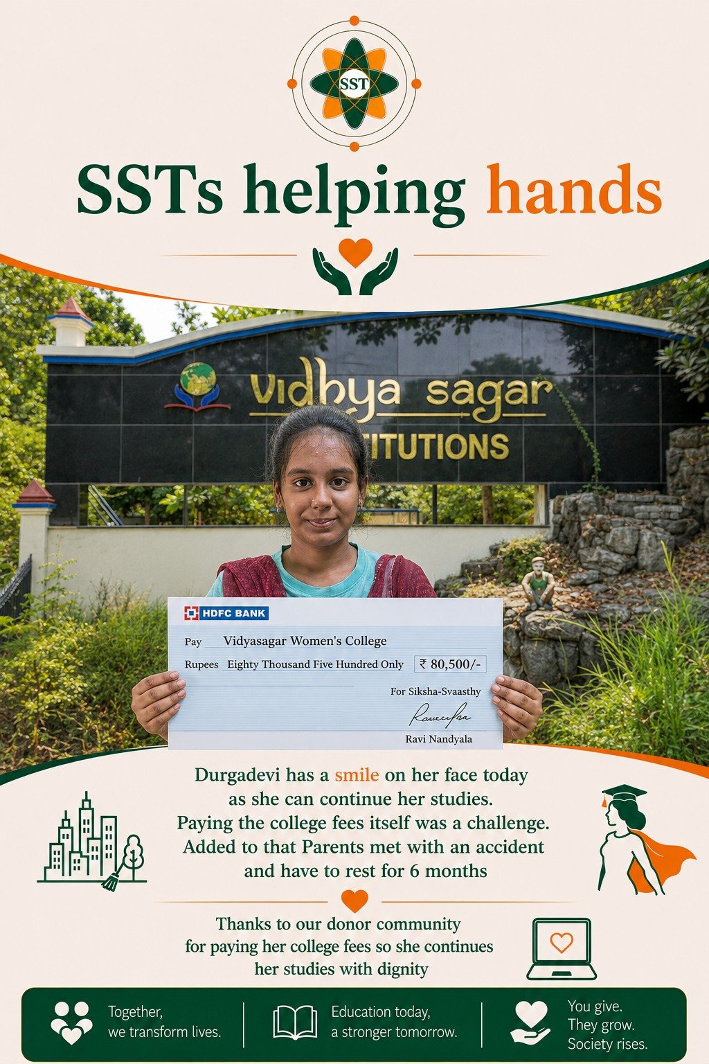 Durgadevi, from an economically weaker section family, holding an SST scholarship cheque for her college fees at Vidyasagar Women's College