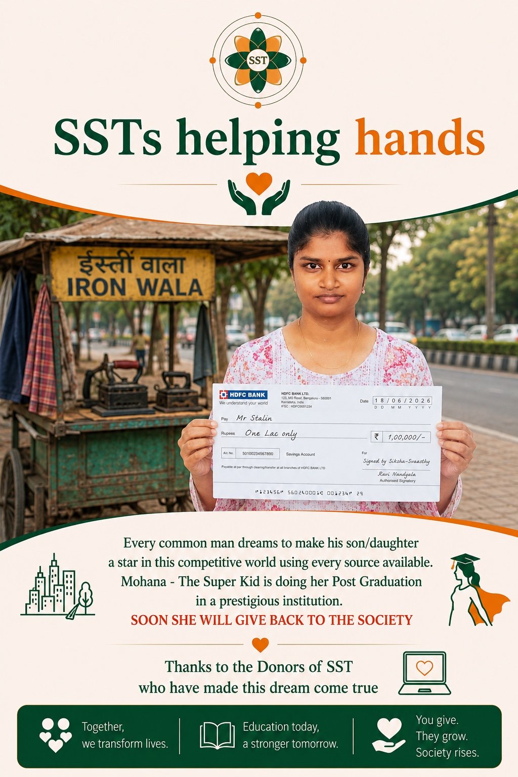 Mohana, daughter of grassroots working parents, receiving an SST scholarship cheque for her post-graduate studies