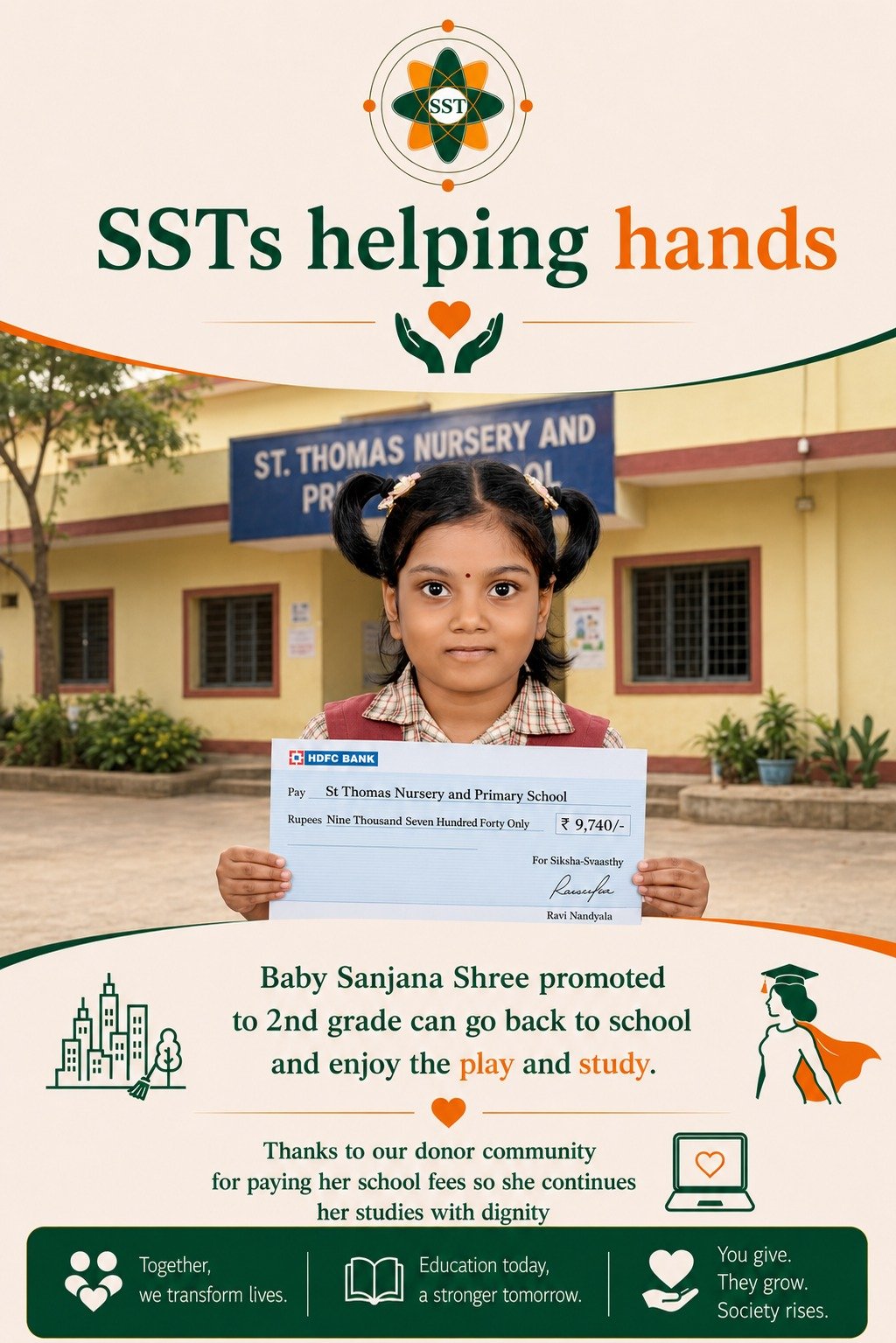 Baby Sanjana Shree, promoted to 2nd grade, able to return to school after SST donors paid her fees at St. Thomas Nursery and Primary School